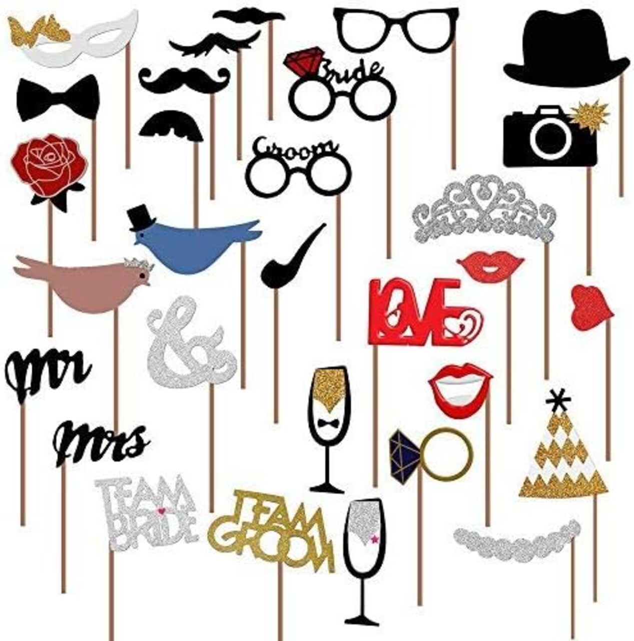 31Pcs Wedding Photo Booth Props – Funny Photo Booth Accessories with Variety Themes – Diverse & Vibrant Props for Photobooth, Designed to Elevate Wedding, Birthday & Party Photoshoots